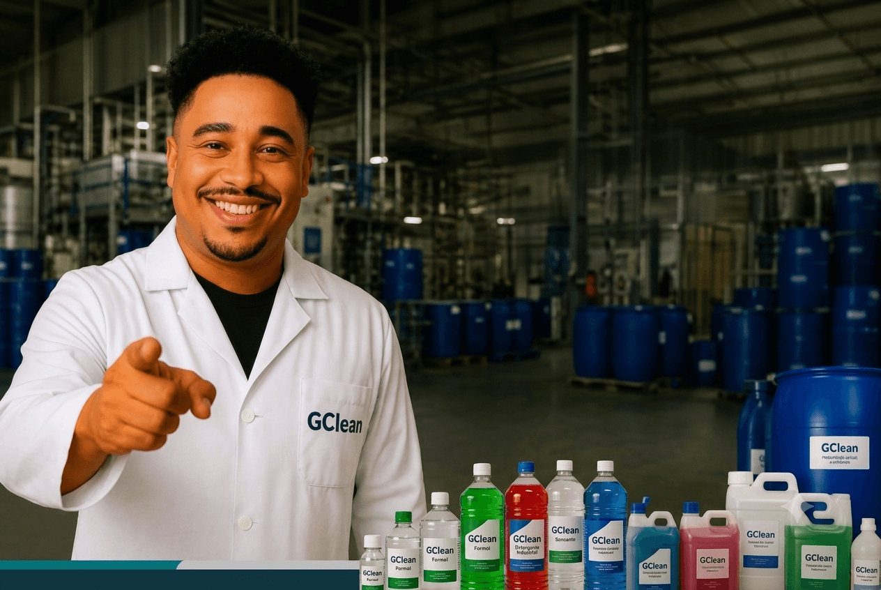 Químico exibindo os produtos da empresa.